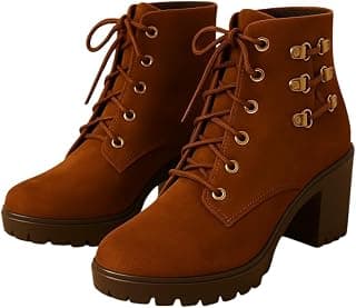 Trendy Villa ORG Women's Black Leather Lace-Up Block Heel Ankle Boots, Rubber Sole