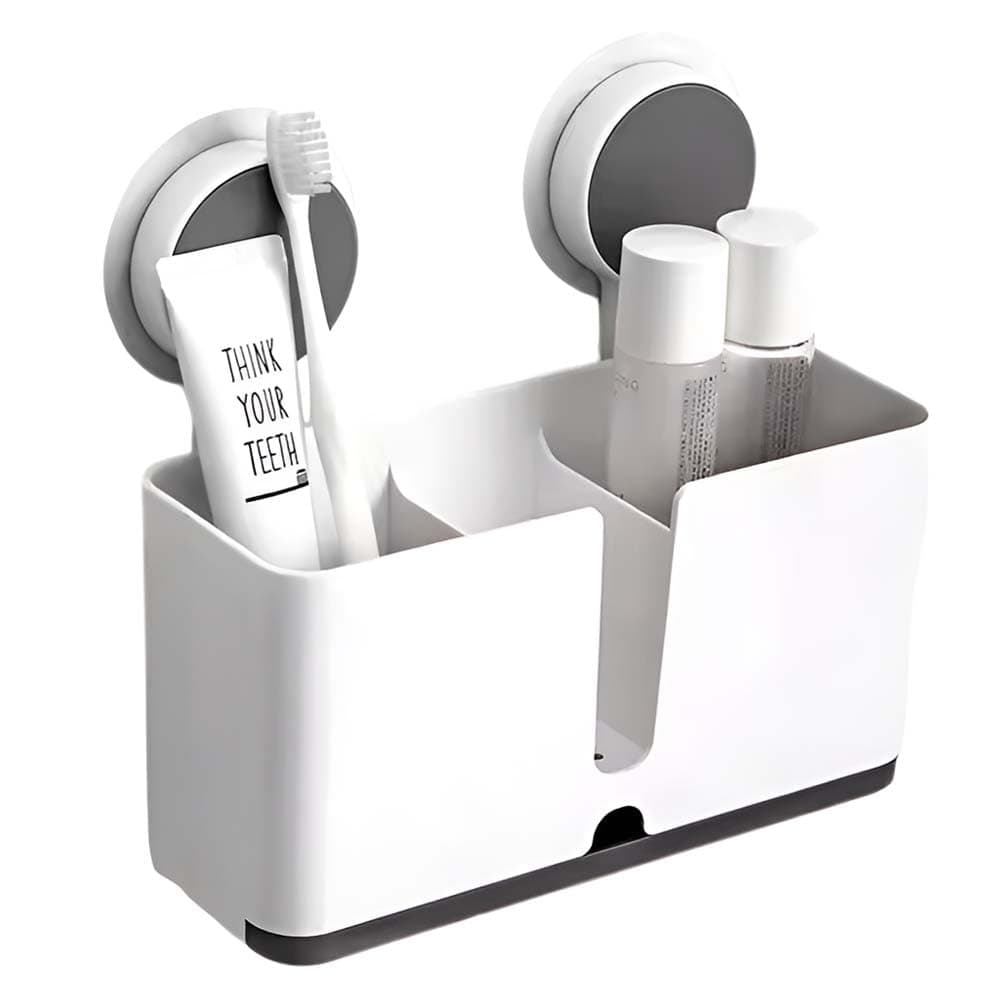 VOLO Self Adhesive Toothbrush Holder | Wall Mounted Bathroom Toothbrush Stand with Drain Tray | Magic Sticker No Drill Organizer | Plastic Toothbrush Holder for Bathroom Kitchen & Shower | White