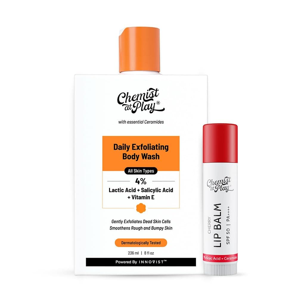 Chemist At Play Exfoliating Body Wash & Cherry Lip Balm Combo | Repairs Chapped & Dark Lips | Removes Tan & Fights Acne| Vitamin E | SPF 50 PA++++ | For Men & Women | 236ml & 4.5g