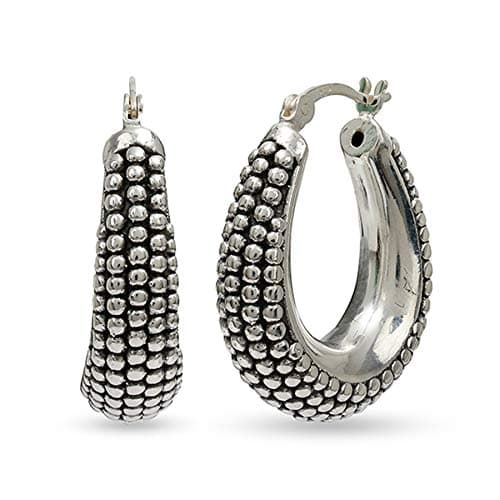 LeCalla 925 Sterling Silver Hoop Earrings | BIS Hallmarked Caviar Medium Oval Antique Oxidized Earring Hoops | Lightweight Click-Top Beaded Hoops for Women - 27MM