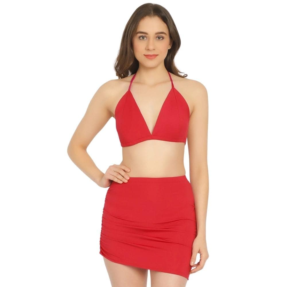 EROTISSCH Women's Halter Neck Solid Bikini Set for Beachwear, Made of 100% Nylon, Bra & Skirt Co-Ord Set for Swimwear, Lightweight, Breathable, Stylish Top & Skirt Set for Pool,Vacation & Resort Looks