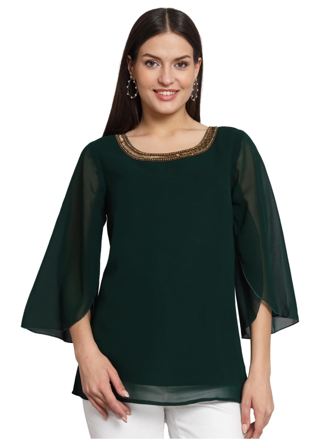 KZA Women's Georgette Top with Round Neck, 3/4th Sleeves & Hand Embroidery | Casual Top for Women