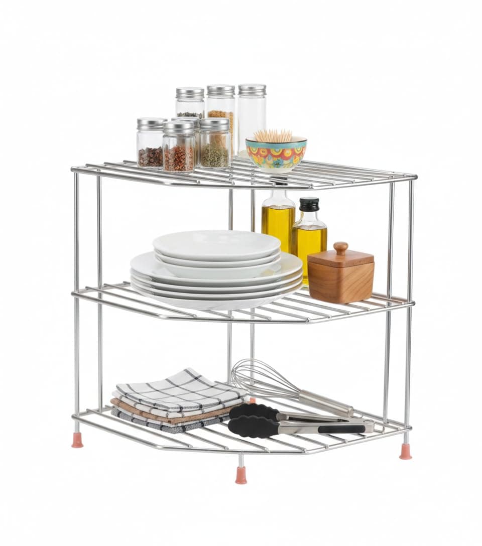 VIREQUE Stainless Steel 3-Tier Storage Shelf Rack, Dish Stand for Kitchen, Corner for Kitchen, Plates Bowls and Cups Rack, Countertop