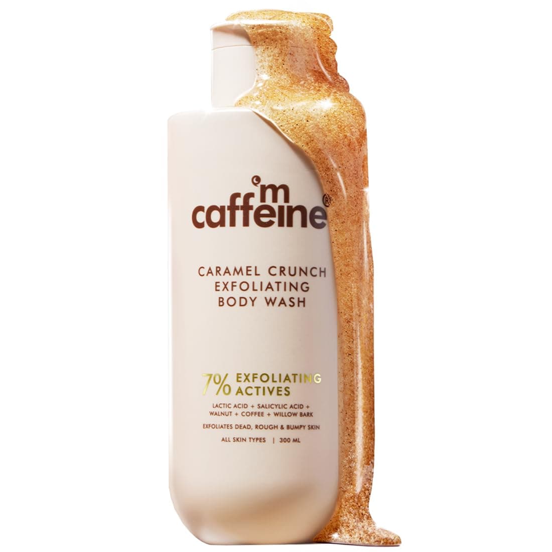 mCaffeine 7% Exfoliating Body Wash 300ml | 1% Salicylic & 2% Lactic Acid | Summer Bodywash for Dry Skin| Reduces Body Acne & Ingrown Hair | Smooth, Hydrated Skin | Sweet Caramel Shower Gel for Women & Men