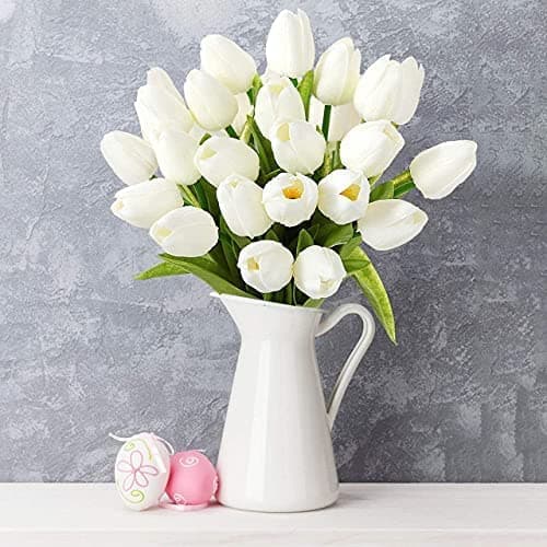 PlantaZee Artificial Tulip Flowers for Vase Home Decoration Living Room Bedroom Corner Table Top Wedding Party Decorative Items Looks Like Nature Long Elastic Flower (White)