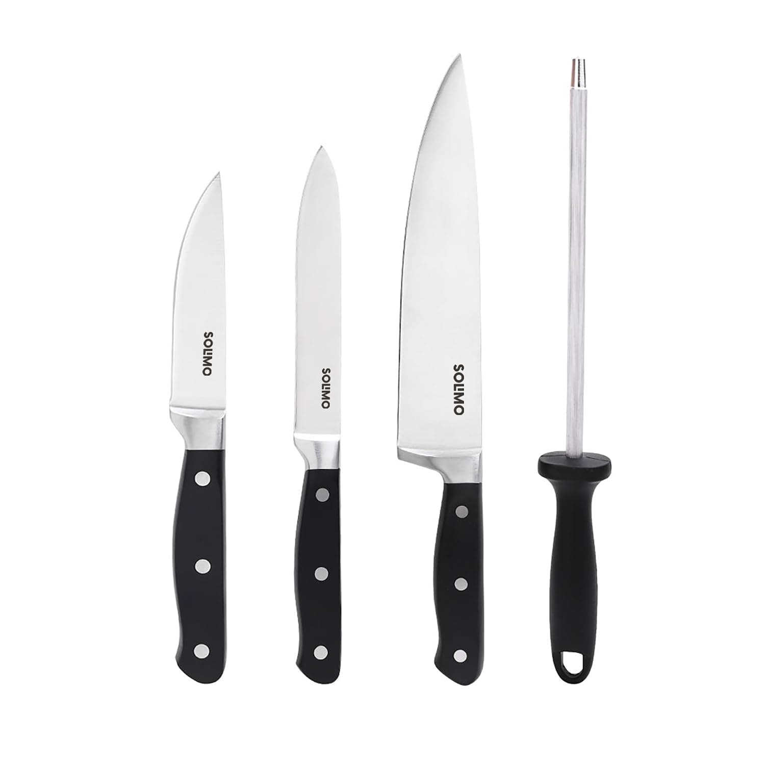 Amazon Brand - Solimo Premium High-Carbon Stainless Steel Kitchen Knife Set, 4-Pieces (with Sharpener), Silver