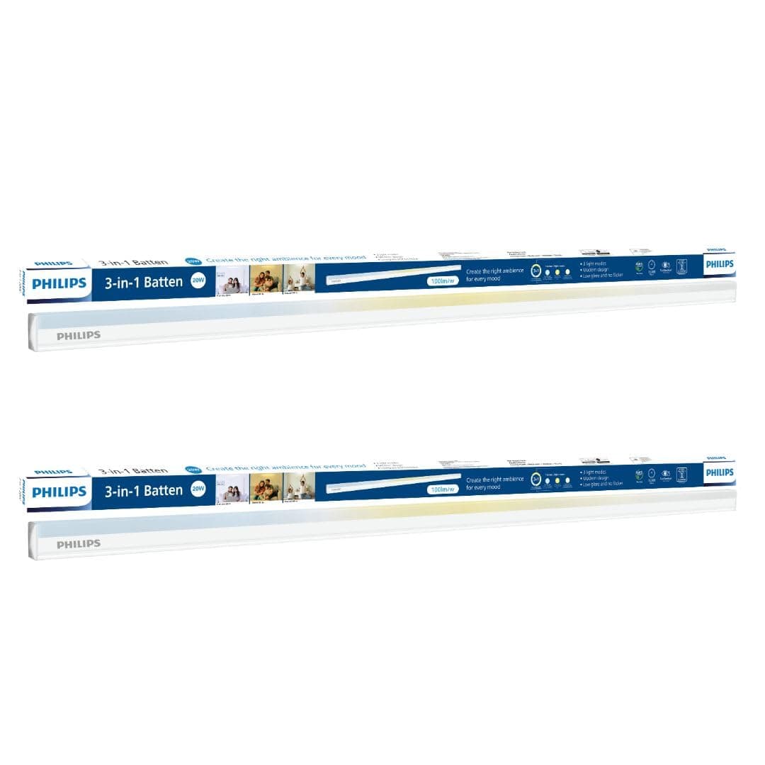Philips Compact 4ft 20-watt LED Tubelight | 3 Colors in 1 LED Batten | Scene Switch Tubelight for Home & Decoration | Color: Tunable White, Pack of 2