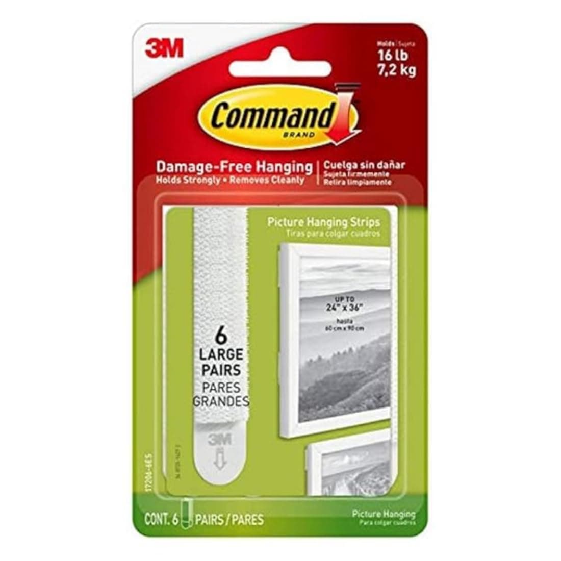 3M Command Large Picture Hanging Strips, Photo frame Hooks, Holds 7kg, No Paint Damage, Heavy Duty, Holds Strongly, Adhesive hooks for wall, Multi-surface, Pack of 6 (White, 8 strips each)