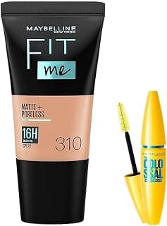 Maybelline New York Fit Me Matte+Poreless Liquid Foundation Medium Coverage For Oily Skin Powder Tube,310 Sun Beige,18Ml And New York Volume Express Colossal Masacara,Waterproof,Black,10G,Pack Of 1