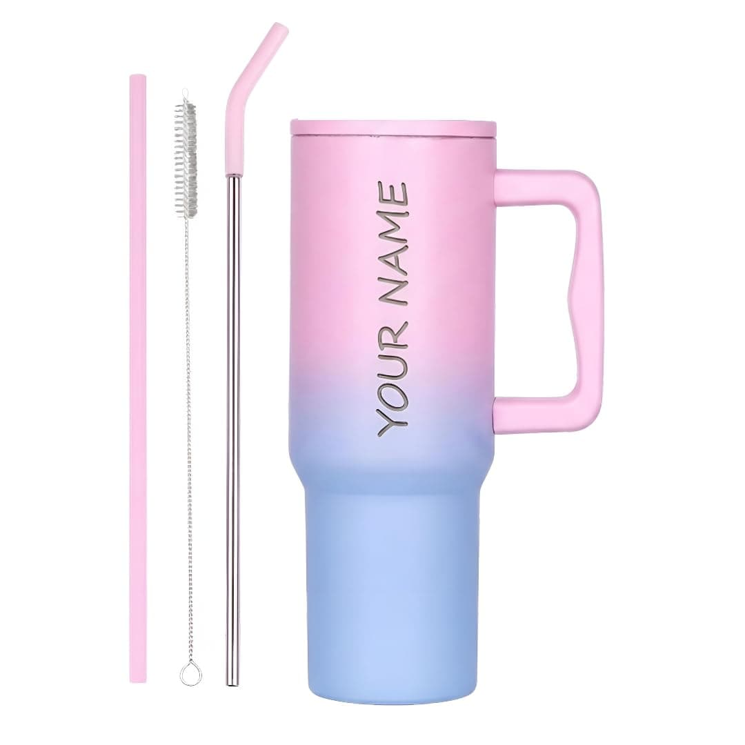 PEIPUS Personalised with Your Name, 1200ml Tumbler with Straw-Handle–Stainless Steel Double Wall Insulated Cup | Leakproof Sipper Mug for Hot-Cold Drinks |Coffee - WaterTumbler(Pink Blue Custom)