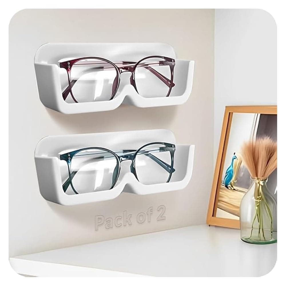 WALLVIEW TECH Pack of 2 Specs Holder Wall Mounted/Sunglasses Display Case with Adhesive Sticker/No-Drill Display Stand/Specs Holder Plastic Case/Eyewear Case Shelving/Glasses Holder Plastic (White)