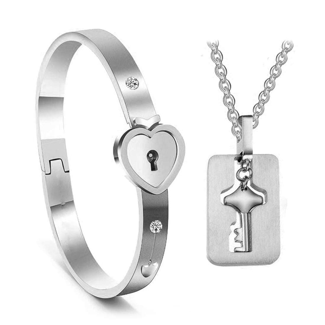 MEENAZ Heart Lock and Key Bracelets Silver Stainless Steel Couple Bracelet Chain Pendant Necklace Set for Lovers Men and Women Girls Boys (Silver) BRACELET-M150