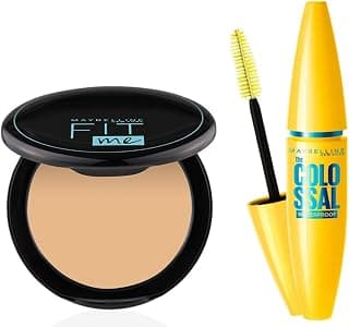 Maybelline New York Volume Express Colossal Matte, Natural Masacara, Waterproof, Black, 10Ml & New York Full Compact Powder,Oily Skin, With Spf, Absorbs Oil, Fit Me, 128 Warm Nude, 8G, 2 count
