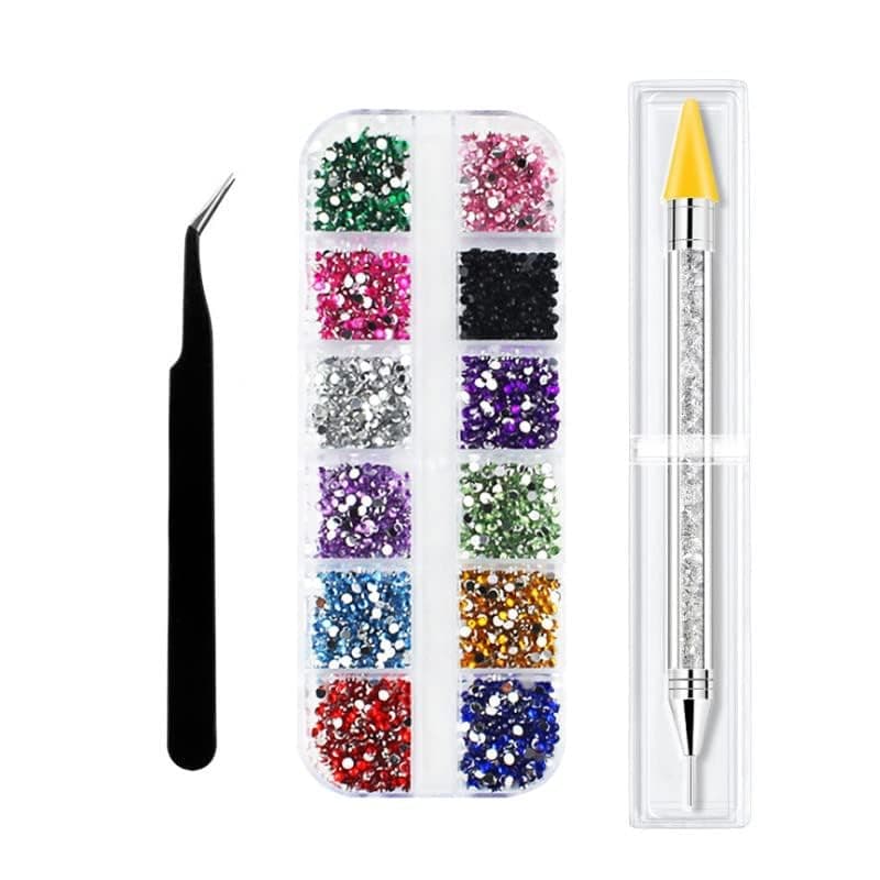 INOG 12Colors Rhinestones Gems AB Nail Art Rhinestones Decorations for DIY Nail Art Crafts Nail Gems Stones Crystals with Rhinestone, 1 pcs Rhinestone Picker Dotting Pen and 1Tweezer(1 Set )