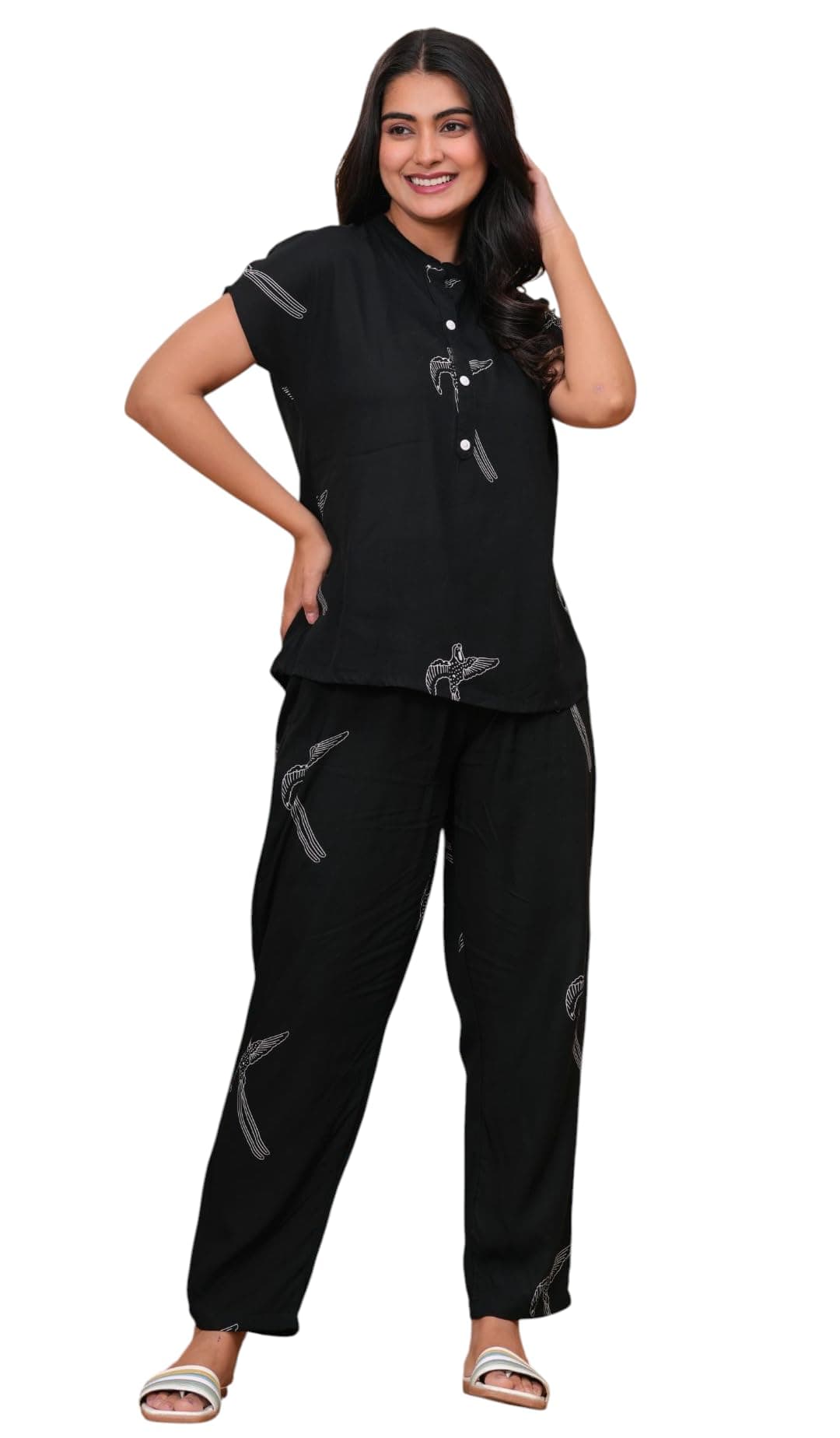 BLACK TEETAR Women's Cotton Printed Night Suit Set of Shirt & Pajama Set Women Night Wear Set