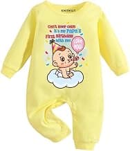KNITROOT Dad Birthday Theme, Papa's First Birthday, 100% Pure Cotton Yellow Jumpsuit, Unisex Baby Kids Romper, Sleepsuit, Bodysuit, Full Sleeves, Shoulder-Snap-Buttons, Infant Cloths, 0-18 Months