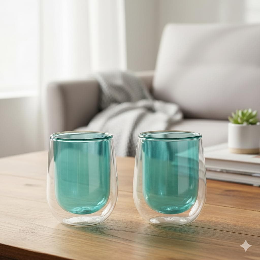 The Better Home Zest Series Coloured Double Wall Glass Cup (2Pcs - 190ml)| Water & Cup Set | Glass Tea Cups