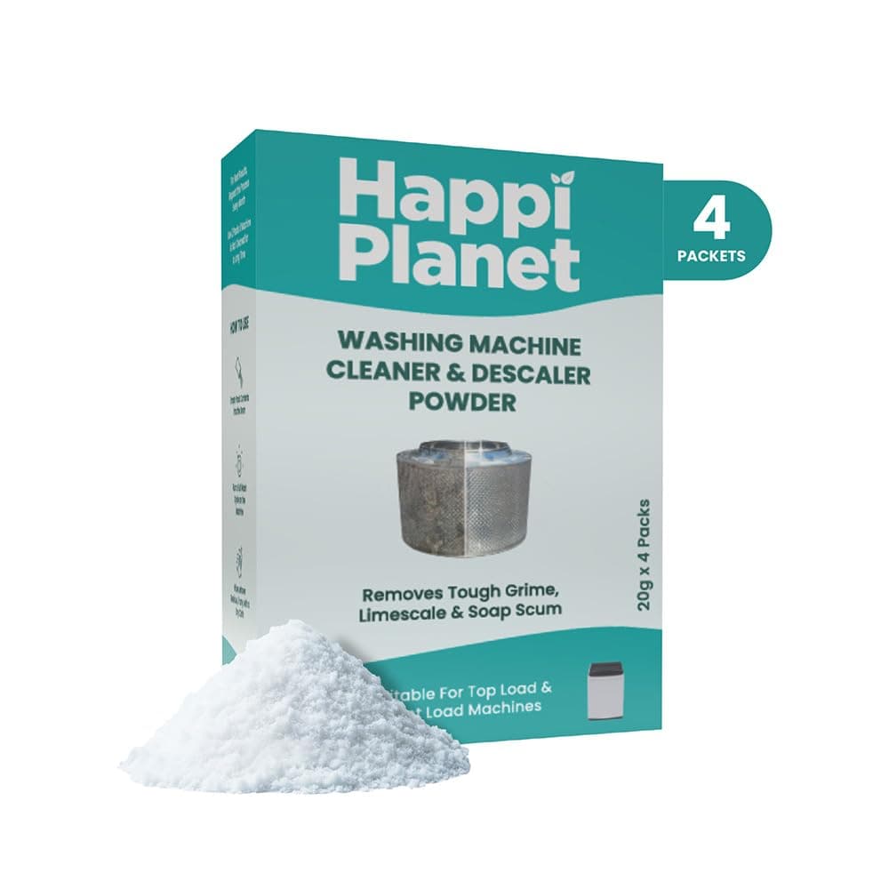 Happi Planet Washing Machine Cleaner & Descaler Powder | 4 Sachets (20g Each) | Removes Limescale, Dirt & Soap Scum | Deep Drum Cleaner for Top Load & Front Load Machines | Eliminates Odor & Residue