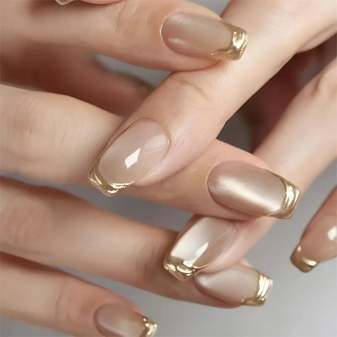 Nakhoon Gold French Tip Press On Nails Square Shape | Nude Glossy Fake Nails with Metallic Chrome Edge Design | Short Medium Stick On Nails Reusable Full Cover Artificial Nails for Women | Reusable Nail Extension For Women With Glue Tab | Long Lasting Glossy Finish Artificial Nails | Easy to Apply Fake Nails for Salon Look at Home | Stick-On Manicure Kit For Parties, Weddings And Gifts | Trendy Nail Art Set for All Occasions (Peach-GoldCatEye)