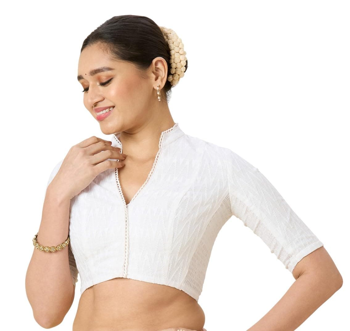 STUDIO Shringaar Women's Cotton Chikankari Saree Blouse with Mandrin Collar and Side Stretch (Smocked)