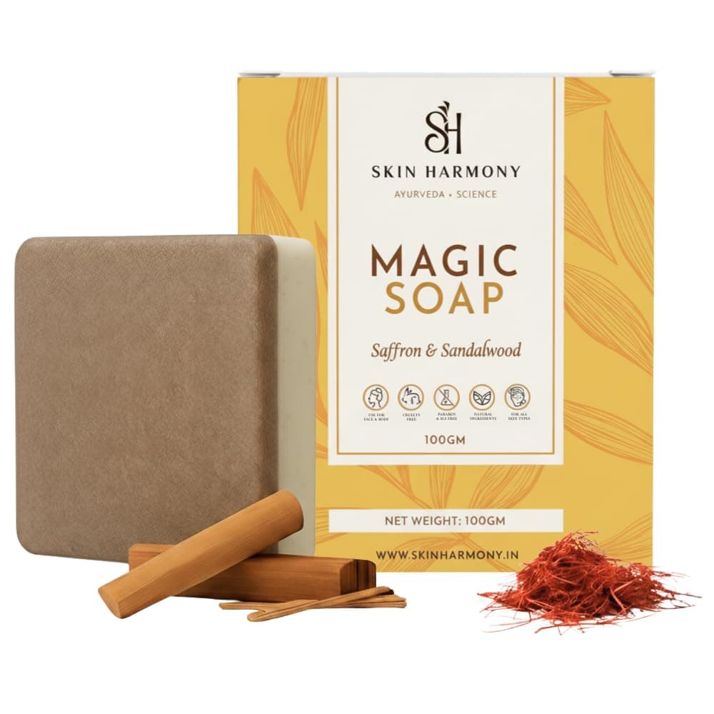 Skin Harmony Saffron & Sandalwood Brightening Magic Soap | Pack of 1 | Glowing & Brightening Soaps for bath | For Pigmentation, Dark Spots, Sun Damage | Tan Removal Soap Bar for men and women | Brightens Underarms | Paraben Free | All Skin Types | 100g