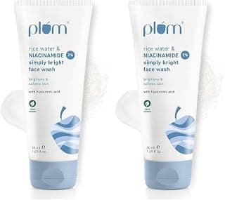 Plum Simply Bright 2% Niacinamide Face Wash With Rice Water | Brightens Skin, Helps Fade Blemishes | Softens & Smoothens Skin | Gentle & Non-Drying | Women & Men | 100% Vegan | 50 ml (Pack of 2)