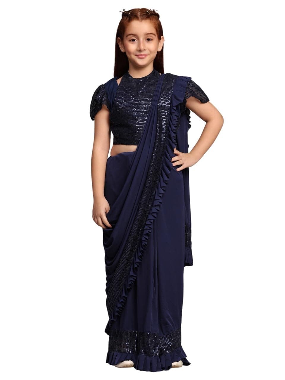 Xavima Girls Sinker Woven Sequins Embellished Pre Stitched Saree with Unstitched Blouse Piece, Ready to Wear Traditional Ethnic Outfit for Weddings and Festival