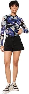 ONLY Women's Mesh Abstract Printed Round Neck Fitted Top