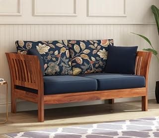 Solid Sheesham Wood Wooden 2 Seater Sofa Set for Living Room | Sofa for Home with Coushions Seat | Home Furniture, Brown (2S-N-Blue)