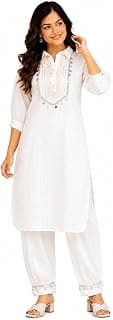 Women's Cotton Embroidered mirror Work kurti while the relaxed fit and palAMzo Pant (White)