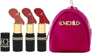 Lovechild Masaba Pocket Mini Lipstick Gift Set, Pack of 3 with FREE Pouch, Hydrating & Long-Lasting Matte Finish, 1.5g Each, Shades for All Skin Tones, Compact & Travel-Friendly Gift Pack, Combo B