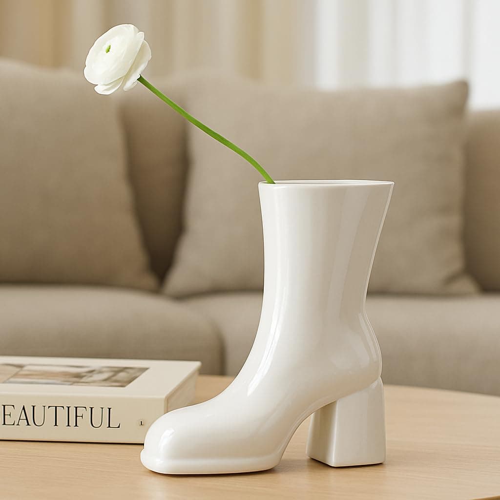 Wakefit Ceramic Boot Flower Vase White 11 Inches Decorative Table Vases for Home Decor Living Room Office Bedroom Centerpiece Handcrafted Modern Flower Vase Only Set of 1 Halique White