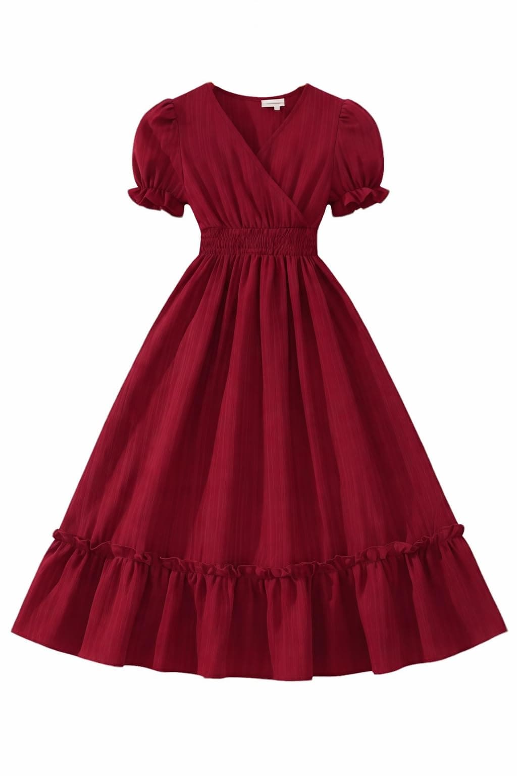 MENSBIT Girl's V Neck Short Sleeve Sugarcane Fabric Flared Design Maroon Long Gown Dress
