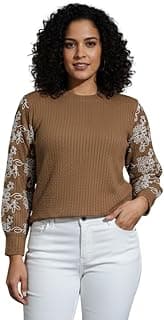 FERY LONDON Women’s Textured Knit Top with Embroidered Lace Sleeves | Full Sleeve Casual Wear Top for Women | Round Neck Elegant T-Shirt