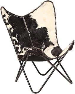 Handcrafted Leather Butterfly Chair with Original Hide Indian BKF Cowhide Cover Leather Cover Relaxing Chair (Black n White) (Full Chair with Black Leg)
