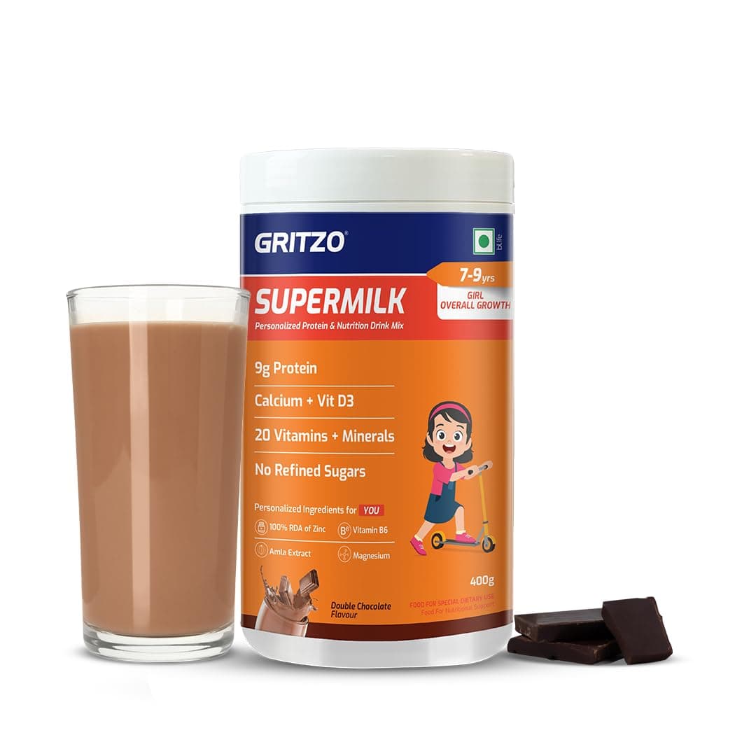 Gritzo SuperMilk Overall Growth (7-9y Girls), 9g Protein Powder (Double Chocolate, 400g) | Zero Refined Sugar, 20 Vitamins & Minerals