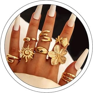 Aeenioy Rings Set for Women, Adjustable Rings for Women, Gold Metal Flowers Shell Design Open Rings, Stackable Jewelry for Daily Fashion and Special Occasions