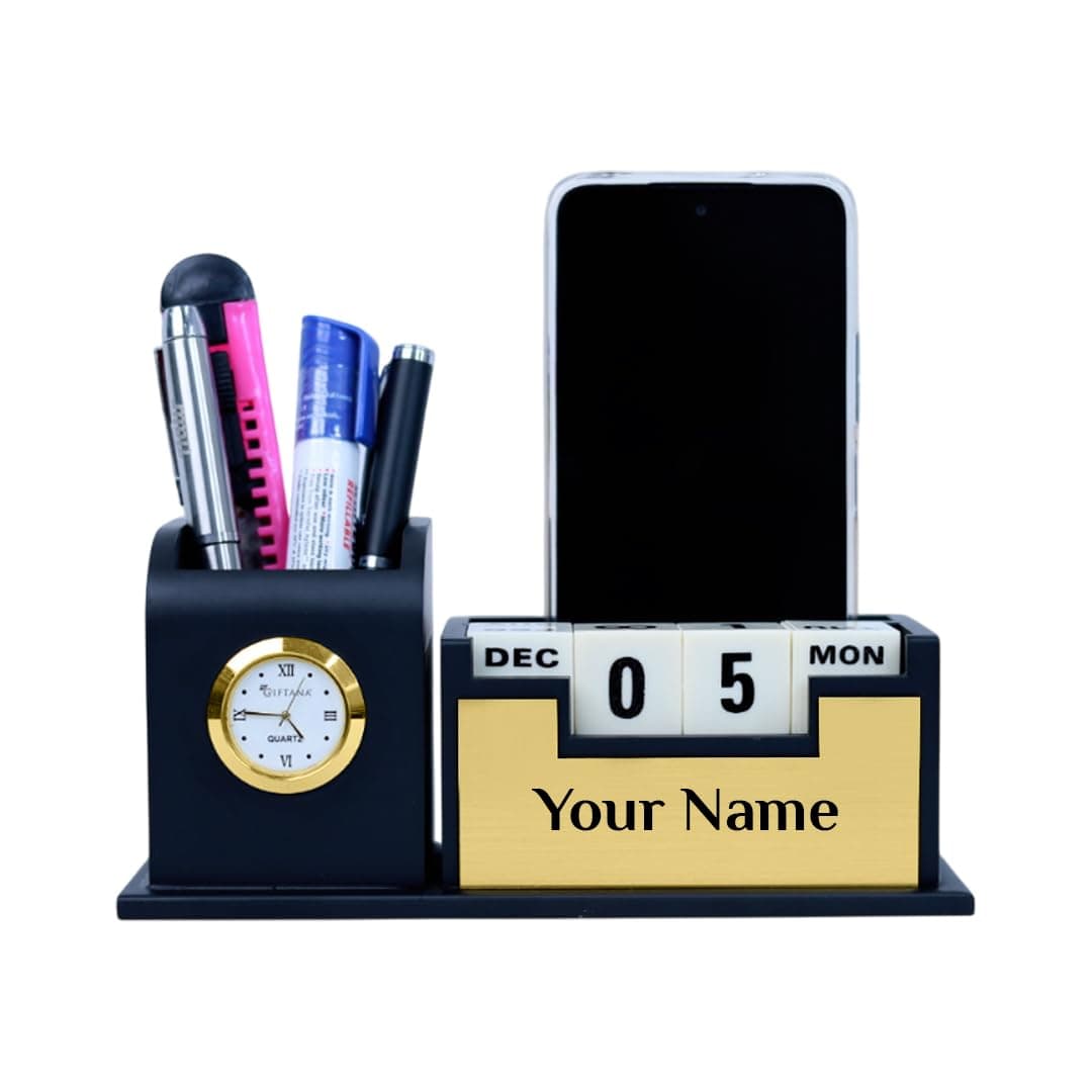 Giftana Personalized Pen Stand with Name,Table Watch,Table Calendar, Customized Desk Organizer for Doctors, Wooden Office Desk & Study New Year Corporate Gift for Employee (Black,Gold)