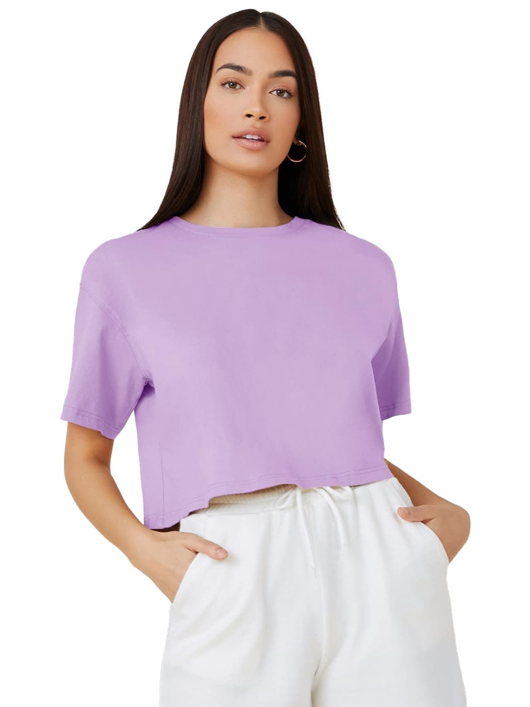 KOTTY Women's Solid Cotton Blend Oversized Crop T-Shirt | Casual Summer Tee