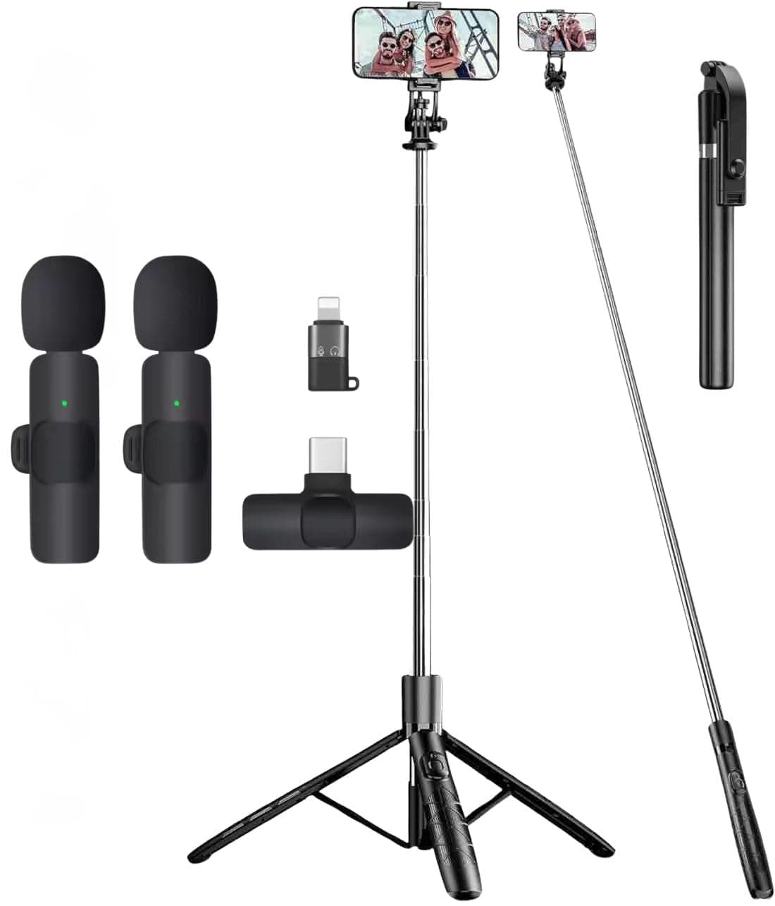 GADGETSWEAR Selfie Stick with Tripod Stand, (Combo with Wireless Mic for Youtuber), Bluetooth Remote, 360 Degree Rotation Portable, Wireless Lavalier Microphone with Type Smartphones & iPhone Support