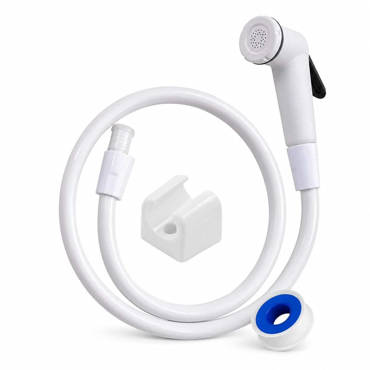 HPF PVC Flexible Health Faucet Set with Gun, Pipe, Hook - Bathroom (Toilet Spray Gun) Accessories (Standard Size, White) with Free 1 Leak Proof Teflon Tape, Tube Length 1 Meter