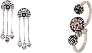 VOYLLA Traditional Oxidised Silver Plating Long Tassels Dangle & Drop Earrings & Voylla Brass Silver Oxidised Two-Finger Boho/Trible Style Statement Ring