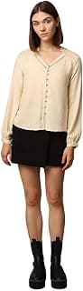 ONLY Women's Cotton Textured Weave V-Neck Top | Front Button Down | Smocked Shoulder Top
