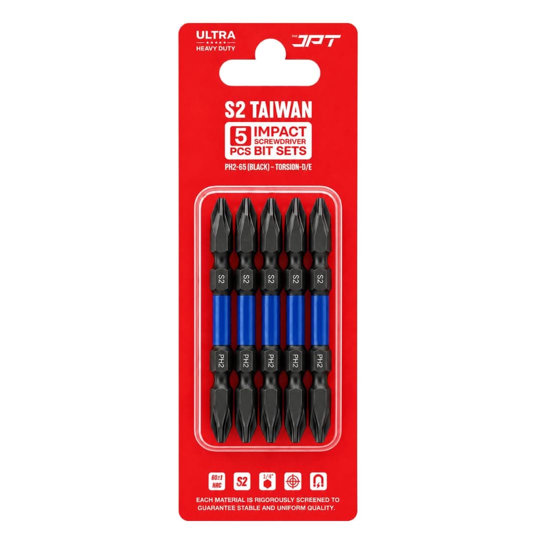 JPT Magnetic Impact Screwdriver Bit Set (5 PCS) | S2 Taiwan Material | 1/4 Inch Hex Shank & PH2 Tip | For High Torque Performance