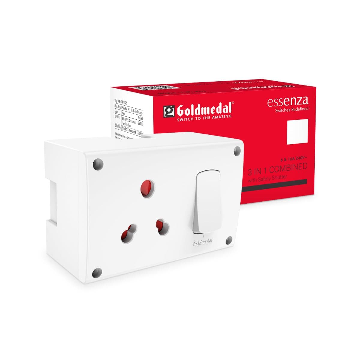 Goldmedal Essenza 16A Modular Switch Socket with Junction Box | 3 in 1 Heavy-Duty Power Socket with Switch | Ideal for Home & Office Use | White