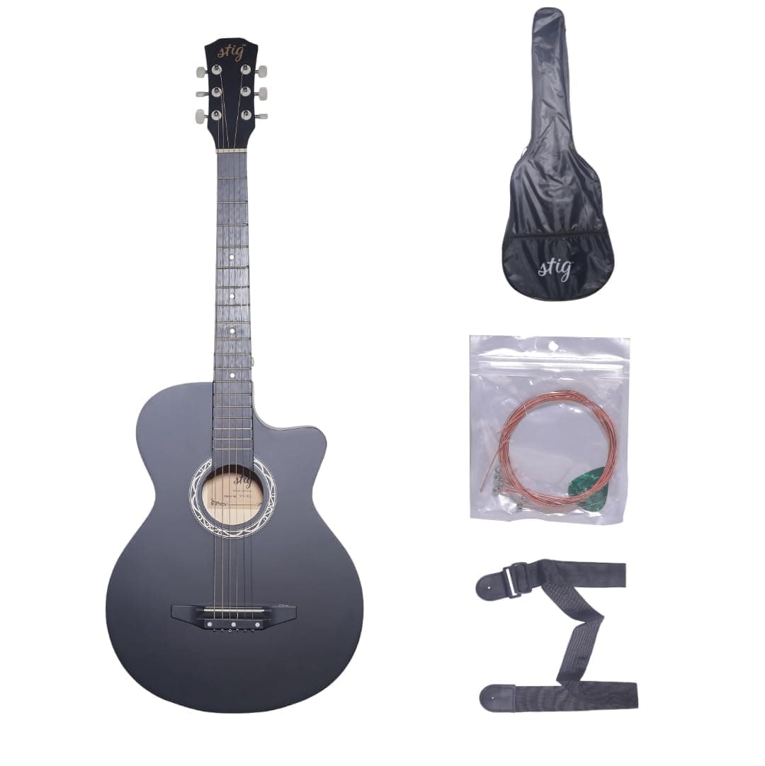 Stig Matte Black Linden Wood Acoustic Guitar for Beginners, 38 Inch Cutaway Body With Includes Bag, Extra Strings, Picks & Strap Ideal Guitar For Beginers