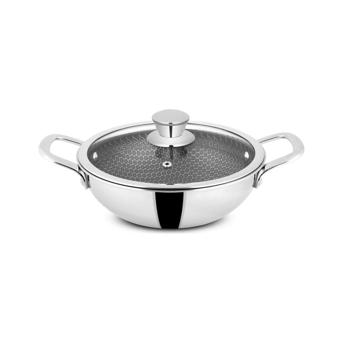 Orange Triply Stainless Steel Honeycomb Non-Stick Deep Kadai/Kadhai with Glass Lid (2.0 LTR, 20cm) | Induction & Gas Stove Capatible | Metal Spatula Friendly | 2.5mm Thickness | 5Year Warranty