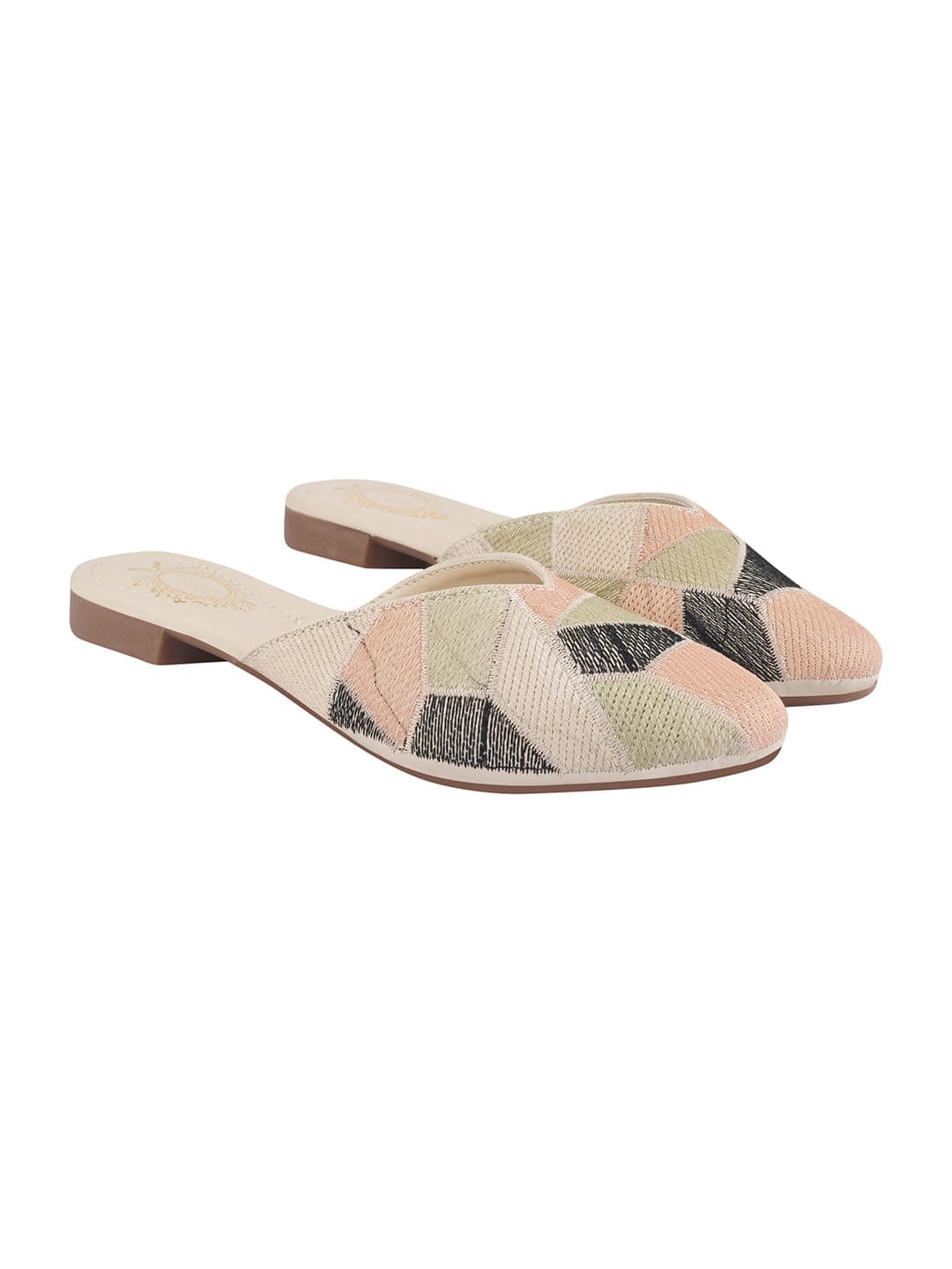 Shoetopia Women's Ethnic Slip-On Mules Embroidered Flat Sandal with Low Heel – Stylish & Comfortable Casual Footwear