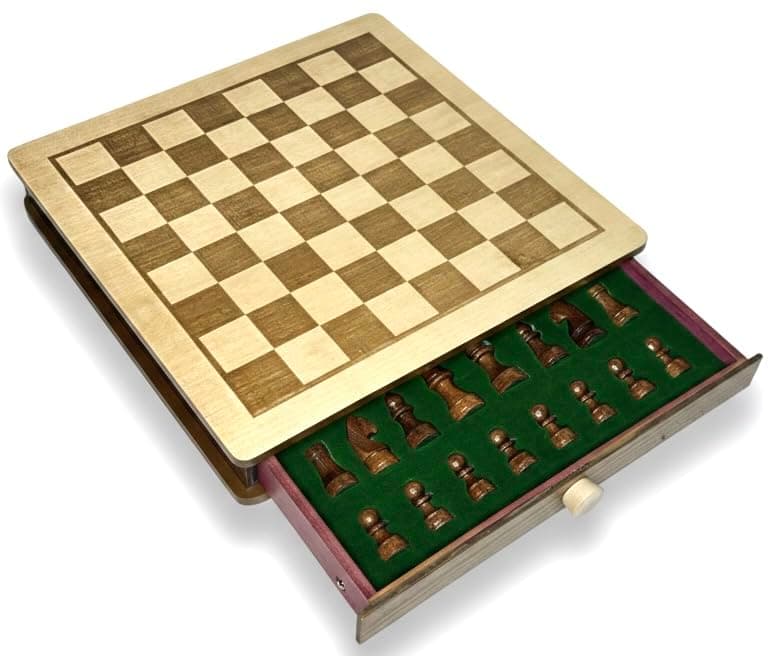 PALM ROYAL HANDICRAFTS 11.5 x 11.5 inches - Engraved Series - Non- Magnetic - Wooden Chess Board Set with Storage Drawers Made with Teak & Maple Veneer Wood.