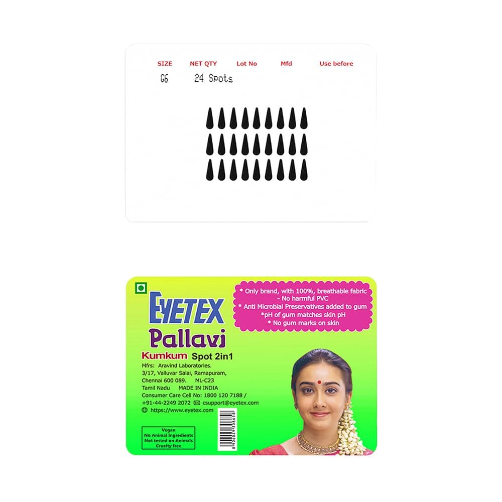 Eyetex Pallavi Sticker Bindi/Pottu|Gopi/Tilak|Aloe Vera & Papaya Extracts|Breathable Non-Irritating Velvet Fabric|G6|Black|20 Flaps